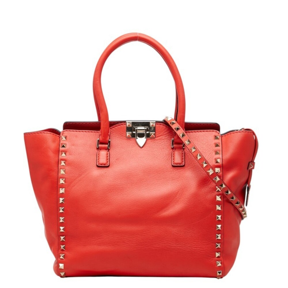 Valentino Rockstud Handbag Shoulder Bag 2-Way Red Leather Women's